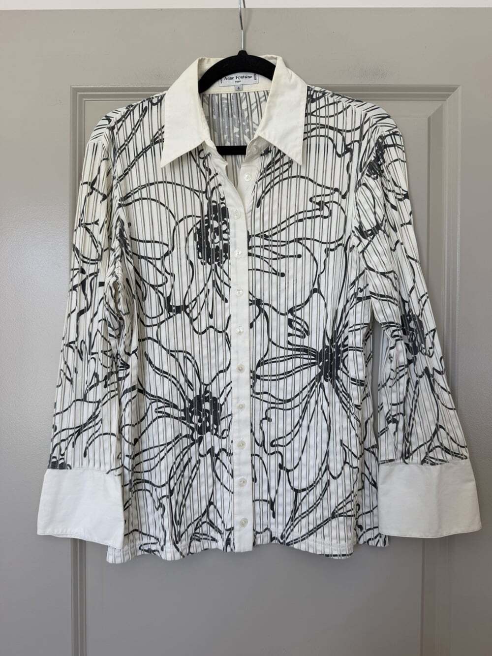 Anne Fontaine Graphic Floral Pinstripe Button Down Shirt Black & White Size 4